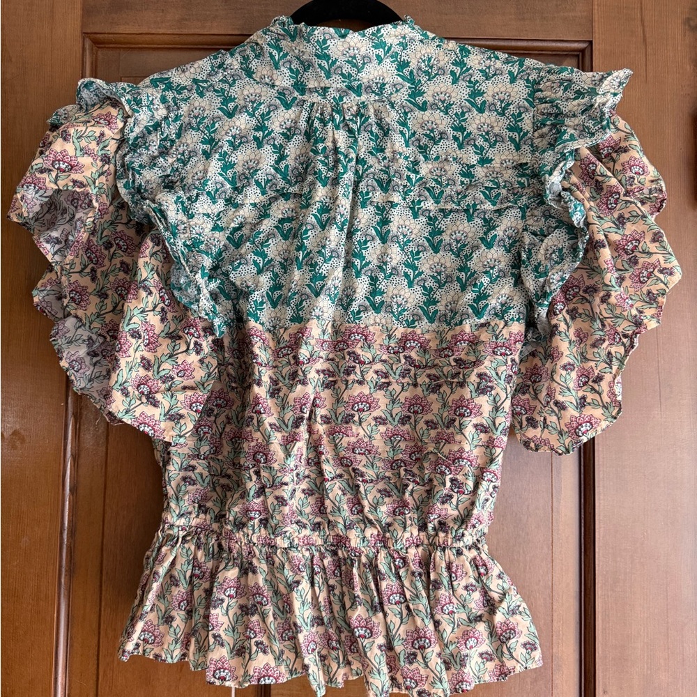 Let Me Be (Anthropologie) Floral Mixed-Print Ruffle Sleeve Blouse - Teal & Cream